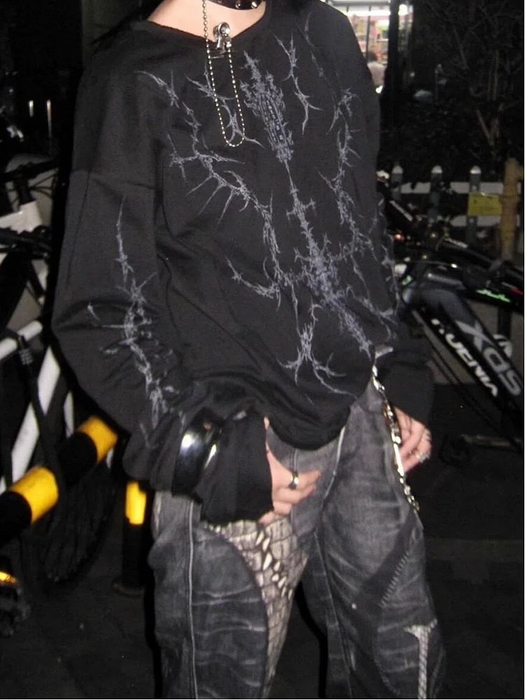 Sleeves Y2K Print Top Black Long Punk
