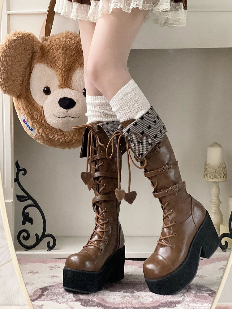 Cuff Heel Caramel Platform Fold-over Boots Block