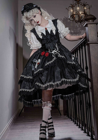 Schwarzes, schulterfreies, hochgeschlossenes Fledermaus-Gothic-Flügelkleid mit Lolita-Rock