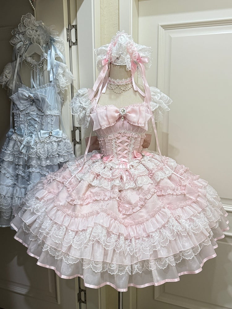 Lolita Multi-Layer Sweet Lace with Pink Details JSK Bows Rhinestone Dress Hanayome-Style