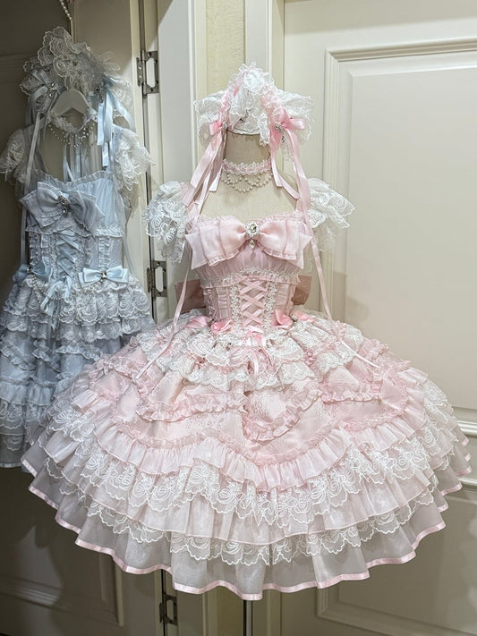 Lolita Multi-Layer Sweet Lace with Pink Details JSK Bows Rhinestone Dress Hanayome-Style