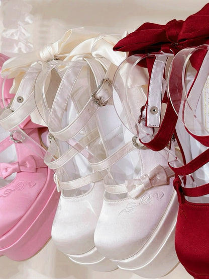 メアリーロリータ プラットフォーム ボウノット エレガント ジェーンズ ハイヒール ホワイト クラシック