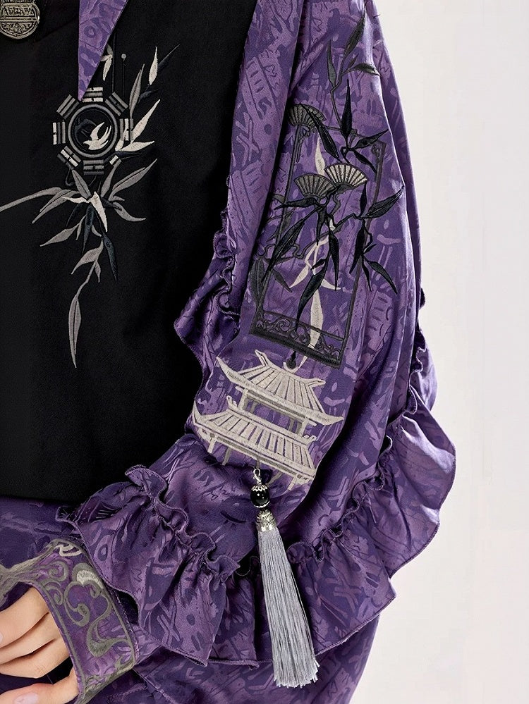 Sleeves Style Unisex with Shirt Flounce and Embroidery Chinese Purple