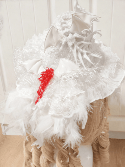 and White Gothic Decor Dragon Mini Feather / Bone Black Hat with Lolita