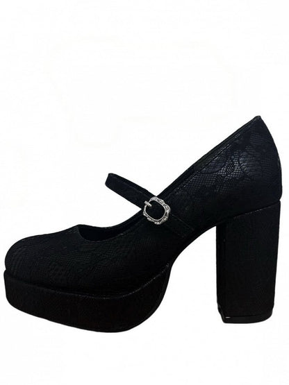 Gothic Lace Floral Mary Jane Shoes - Black Cat Macket