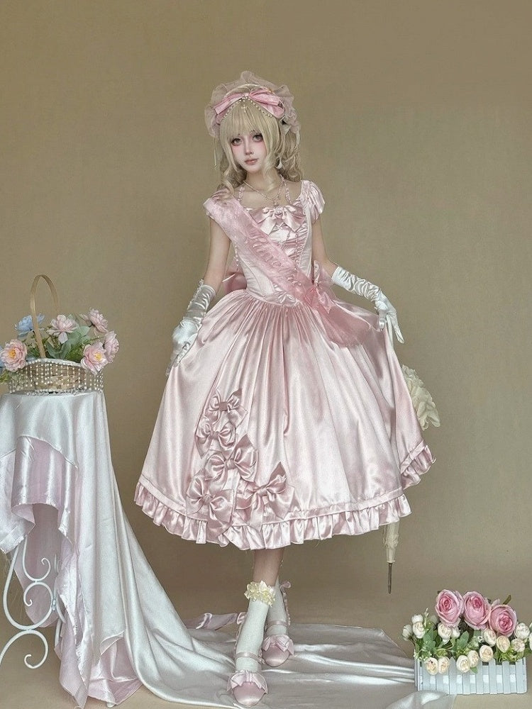 Soft Pink Lolita OP Dress with Satin, Lace and Butterfly Bowknot Details - Snow Lolita
