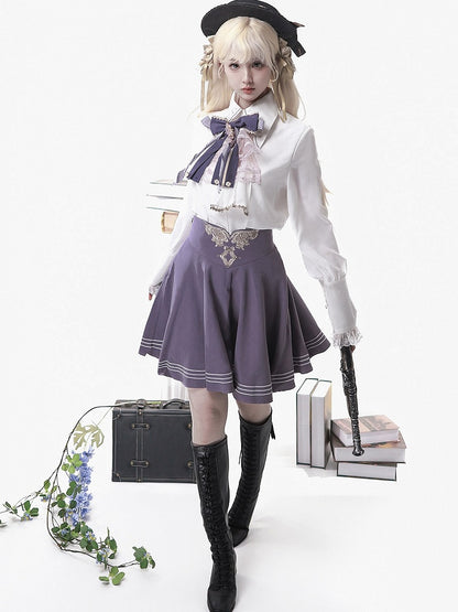Magic Carnival Purple & White Bow Tie Blouse with Striped Skirt and Cape Set - Xiong Dou Jiang