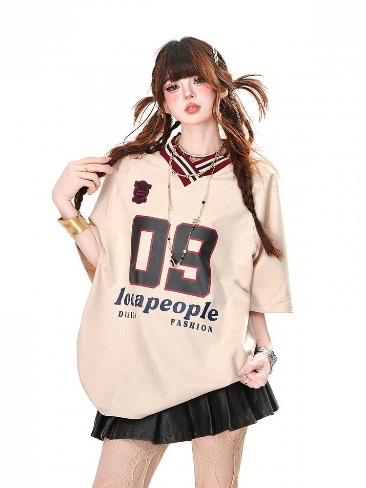 ゆったりTシャツ プリント スポーツ カーキ/ネイビーブルー プレッピースタイル Vネック ナンバー