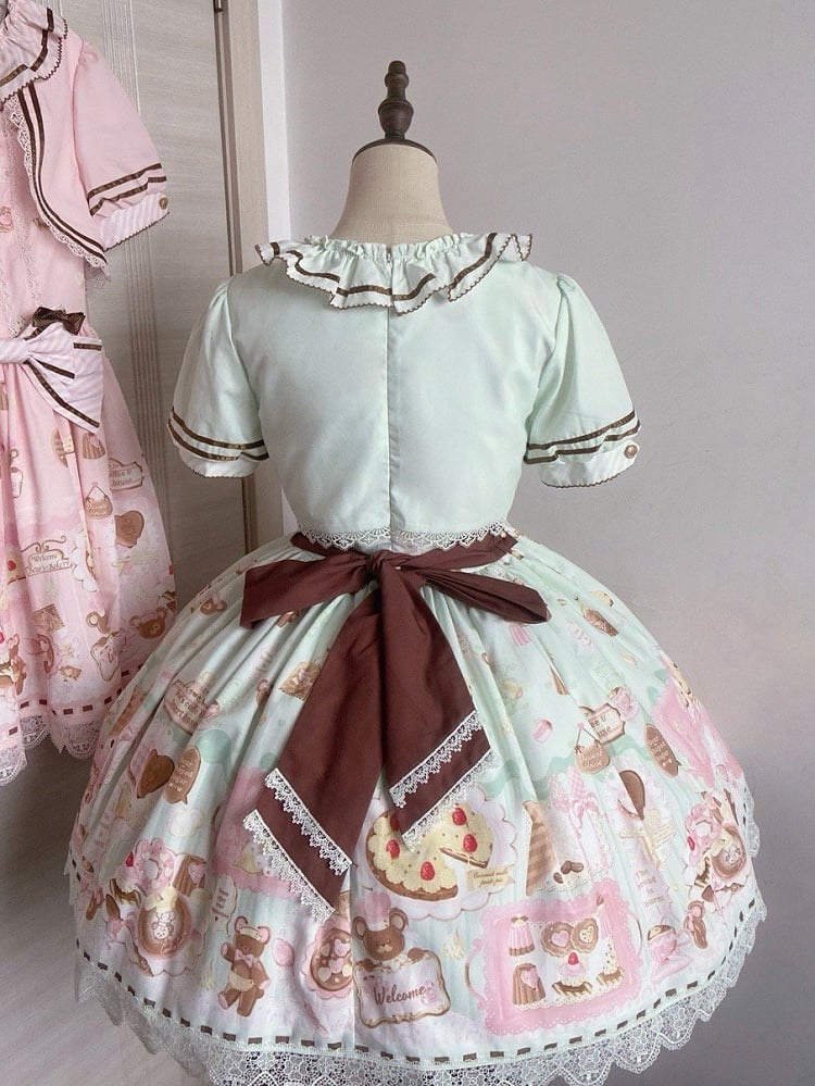 Grüne süße Minze Lolita Thema Desserts zweiteilige Print Kleid gefälschte Design Bär