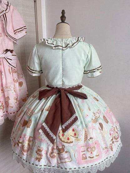 Grüne süße Minze Lolita Thema Desserts zweiteilige Print Kleid gefälschte Design Bär