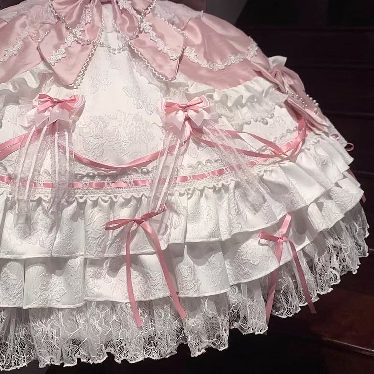 Bows Tiered Decorated Sweet Skirt and Chain Bead Pink White
