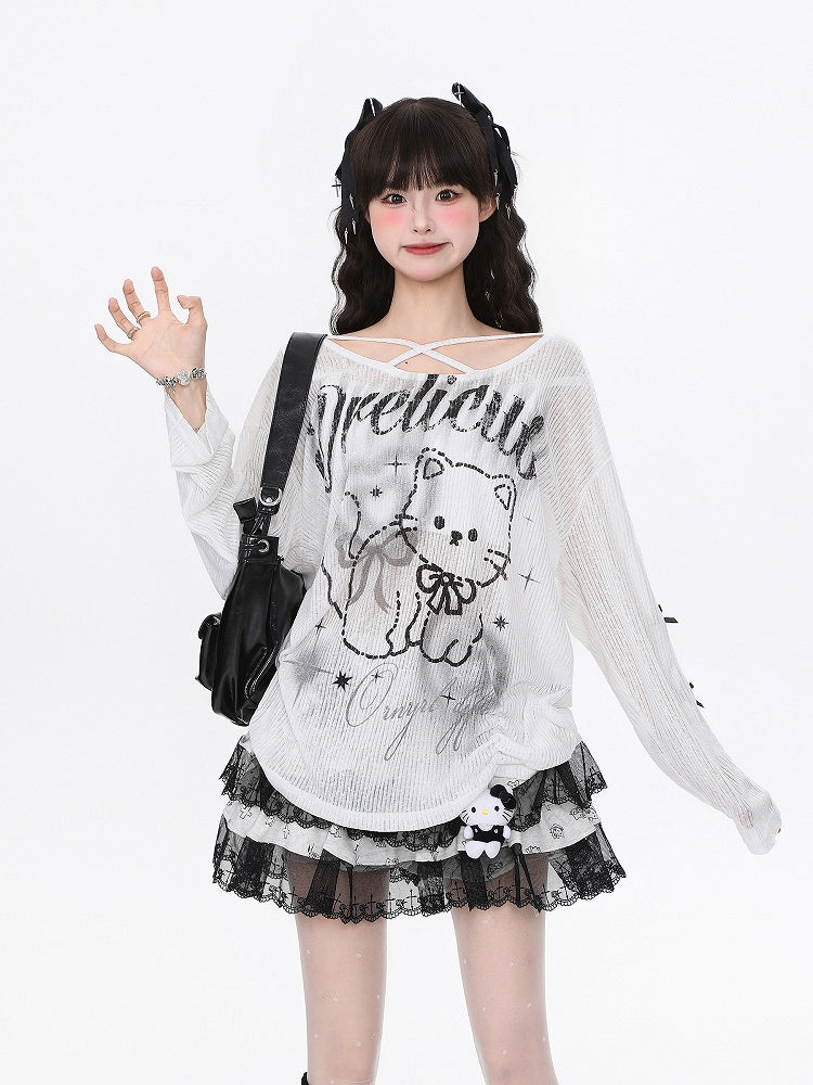Black/White Semi-Sheer Knit Top with Cutout Sleeves and Cute Cat Print