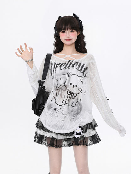 Black/White Semi-Sheer Knit Top with Cutout Sleeves and Cute Cat Print
