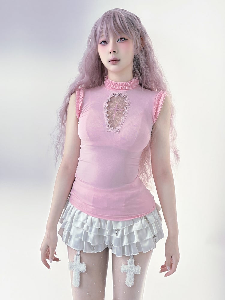 Cross Metal Skort with Cross Charms White Elastic Waist Tiered Embellished Ruffles