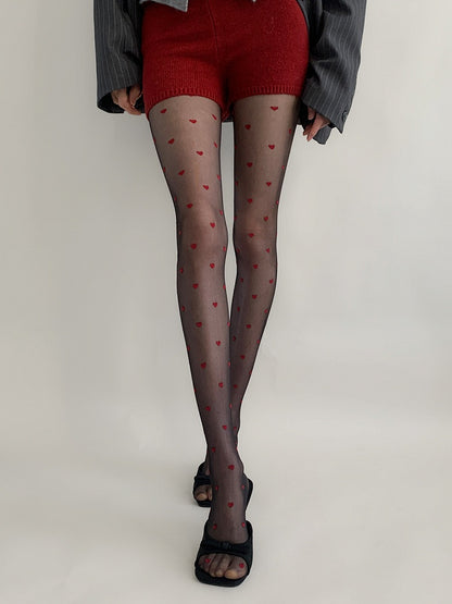 Red Black Sheer Pattern Pantyhose Heart