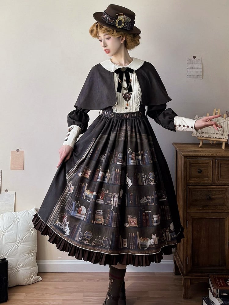 Dark Brown Bookshelf Print Long Sleeve Lolita Dress Cape - Miss Point