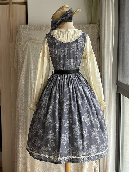 Gray & Beige Rosette Print Long-sleeved Elegant Classic Lolita Dress