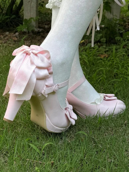 Trim Mary Toe Top Bow Pointed Pink High Lolita - Ruffles Heel at Janes Hime