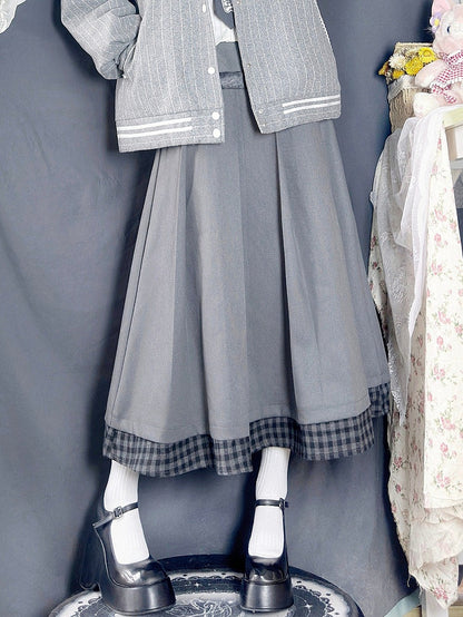 Hem Skirt Set - Belt Patchwork Waist Gray Prppy Elastic Plaid Pleated Style