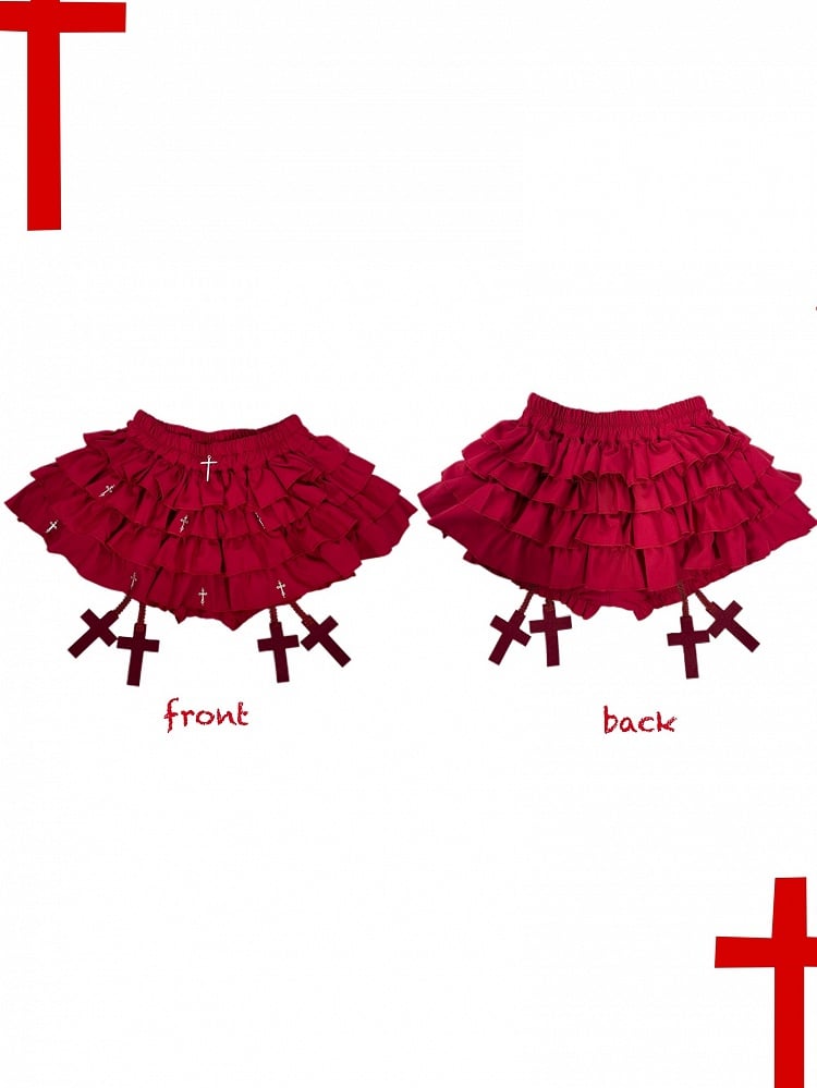 Gothic Red Cross Charms Tiered Ruffles Skort