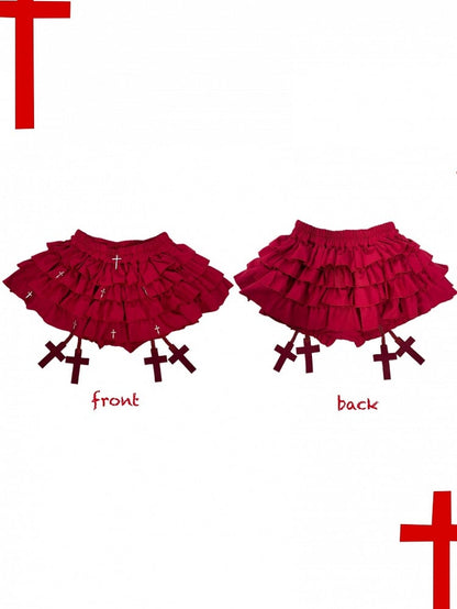 Gothic Red Cross Charms Tiered Ruffles Skort