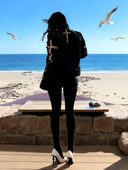 Genderless Punk Black Double-Breasted Decorative Faux Leather Jacket with Cross Pattern - DETW OnLine