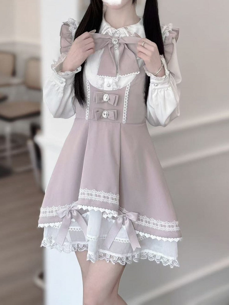 mit süßem Bowknot-Rock, rosa Saum, Overalls, gestuftes Kei-Chiffon-Detail, Jirai Dusty