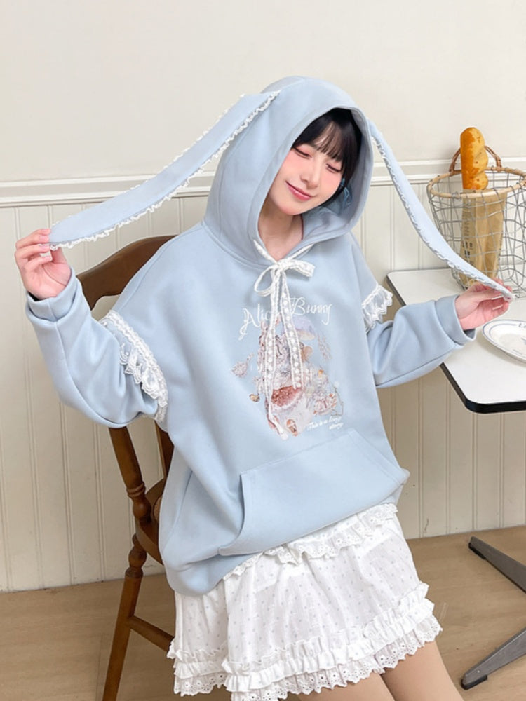 Yume Kawaii Blue Bunny Ear Hood Rabbit Print Hoodie