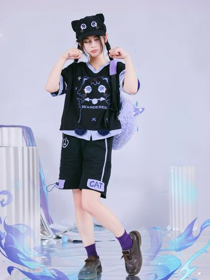 ワンダラーファンアート ブラック キュート キティプリント Vネック Tシャツ