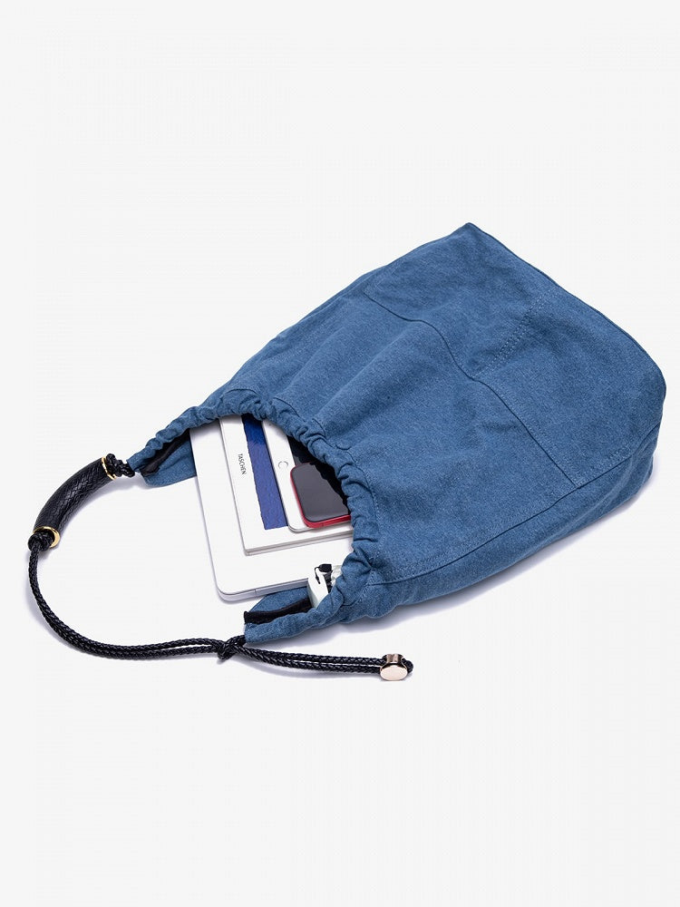 Denim Capacity Tote Shoulder Bag With Adjustable Braided Strap Blue Large