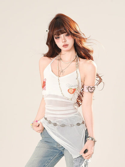 ホルターネック メッシュヘム ストロベリープリント ホワイト アシンメトリートップス スイート