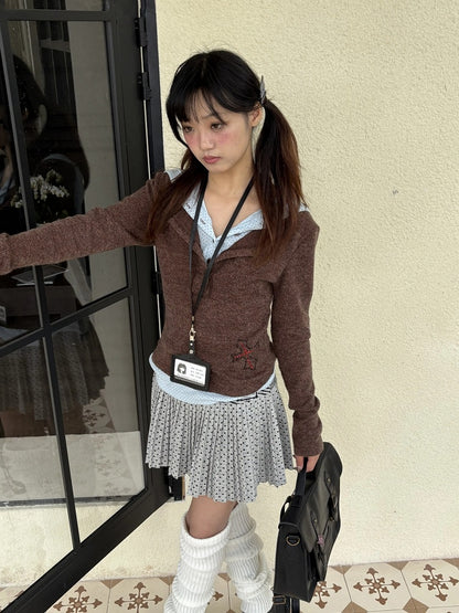 A-line Embroidery Skirt with Striped Short Polka-dot Knit