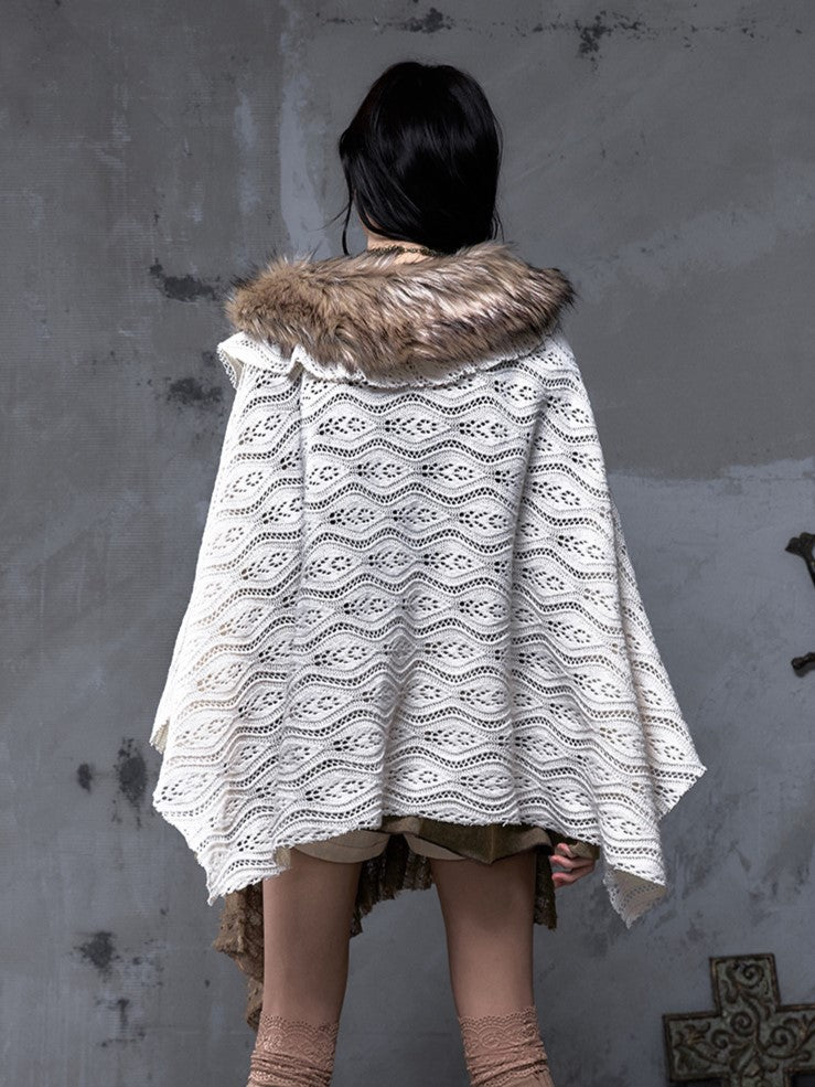 with Punk Y2K Hem Cape Collar Fur Shawl Handkerchief Knit Faux Beige Vintage