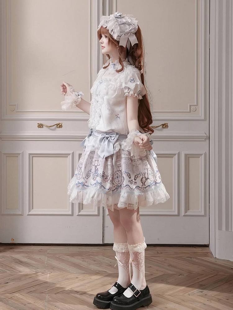 White & Blue Low Waist Antique Print Lolita Dress with Bows - Meng Fu Zi