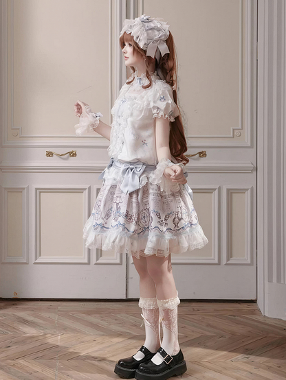 White & Blue Low Waist Antique Print Lolita Dress with Bows - Meng Fu Zi
