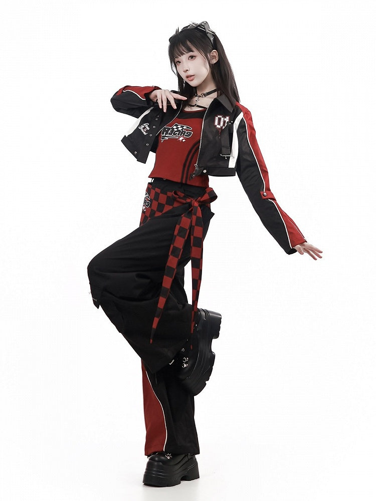 Flag-Printed Checkered Overlay in Red & Black - PINK SAVIOR