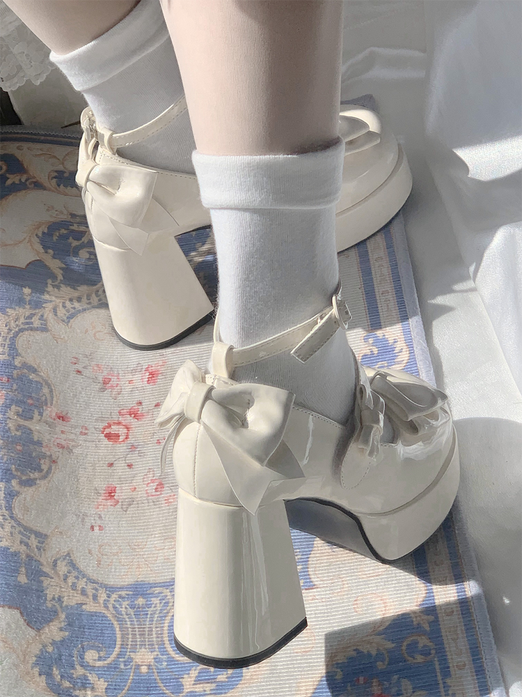 Apricot Bowknot Platform High Block Heels Lolita Shoes