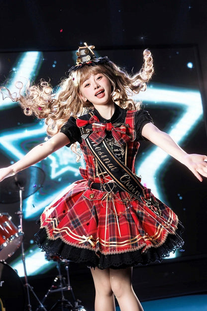 Red Idol Lolita Plaid JSK Dress with Golden Bear Embroidery and Black Scalloped Hem - LiLi Chain