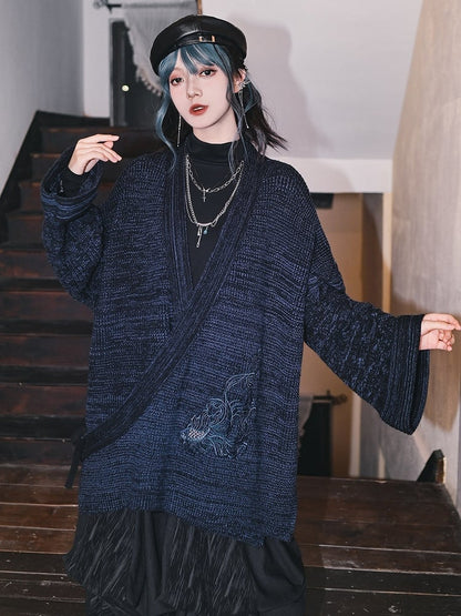 Design Navy Collar Cheongsam Goth Cardigan Self-tie Goldfish Embroidery - Crossover Strap