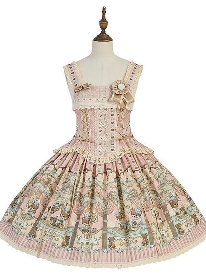 Sweet with Corset Neckline Lacing Printed Bear Square Lolita Dress Pink