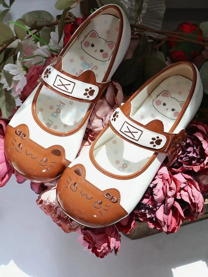Kitten Cat Sweet Embroidery Toe Ear Flat Mary Janes Paw Theme PU with - Lolita Velcro Round Brown