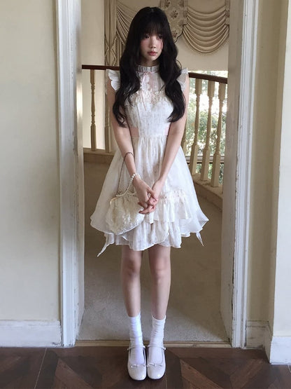 White Seiso-Kei Floral Flutter Sleeve Dress Ruffle - LA LA JK