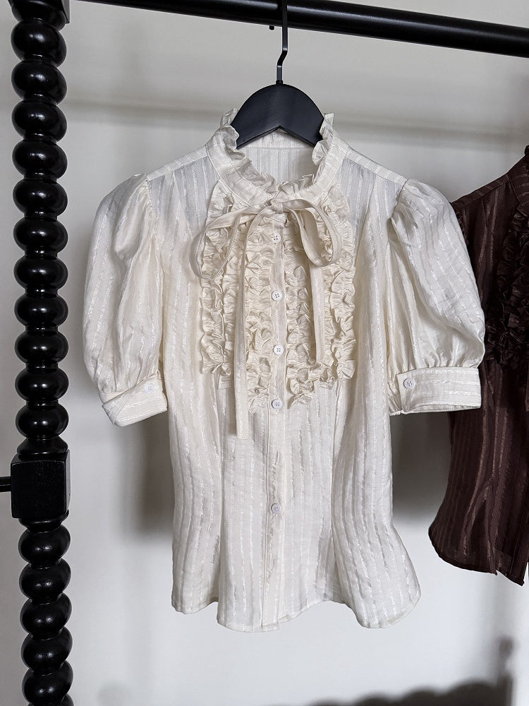 Beige Ruffle Short Puff Sleeve Striped Lolita Blouse - Flower Fairy Daily