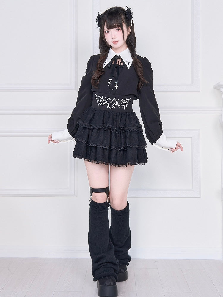 Lacing Jirai Embroidered with Blouse - White Kei Sleeve Long Back Cross Black