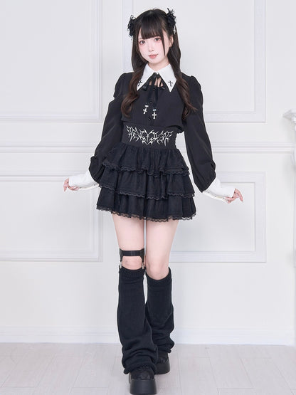 Lacing Jirai Embroidered with Blouse - White Kei Sleeve Long Back Cross Black