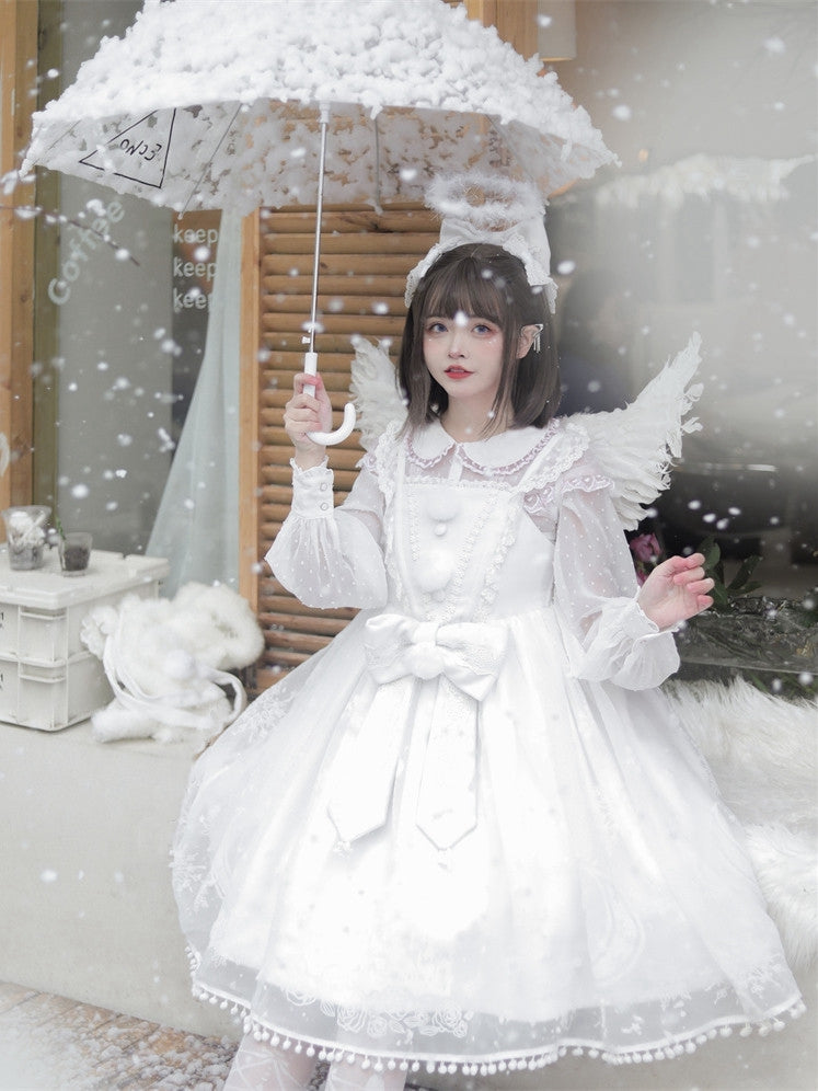 - + White Pattern Snowflake Skirt Full Sweet Set Cape Bow Jumper Big