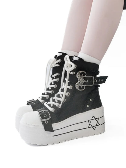 Black Boots Bullhorn Platform White Punk Sole Buckle - with Canvas