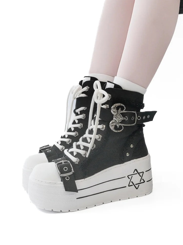 Black Punk Canvas Platform Boots with Bullhorn Buckle Hexagram Print Lace-Up Size 35 - GURURU