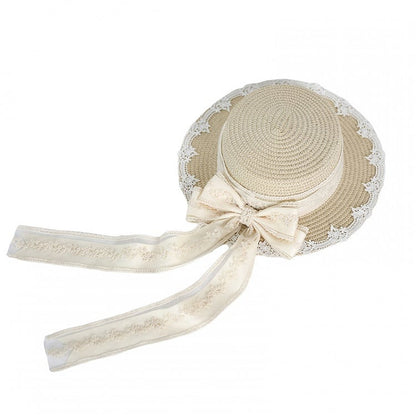 Kei Mori Country Detachable Bowknot With Lolita Straw Hat Lace Beige Ribbon