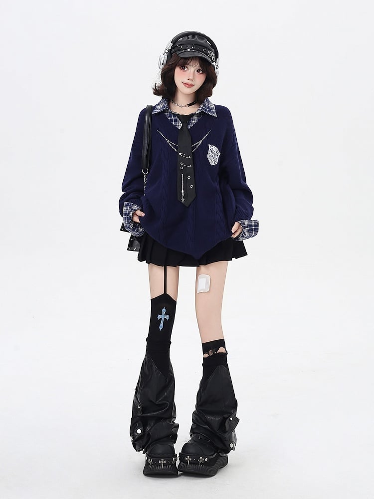 Sweater Retro Gray / Navy Academic Blue Loose Fit Plaid